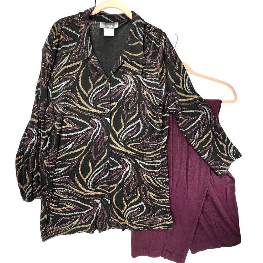 Vtg Slinky Brand Womens Tunic Pants Set Black Purple Swirls Sparkly 2 pc USA